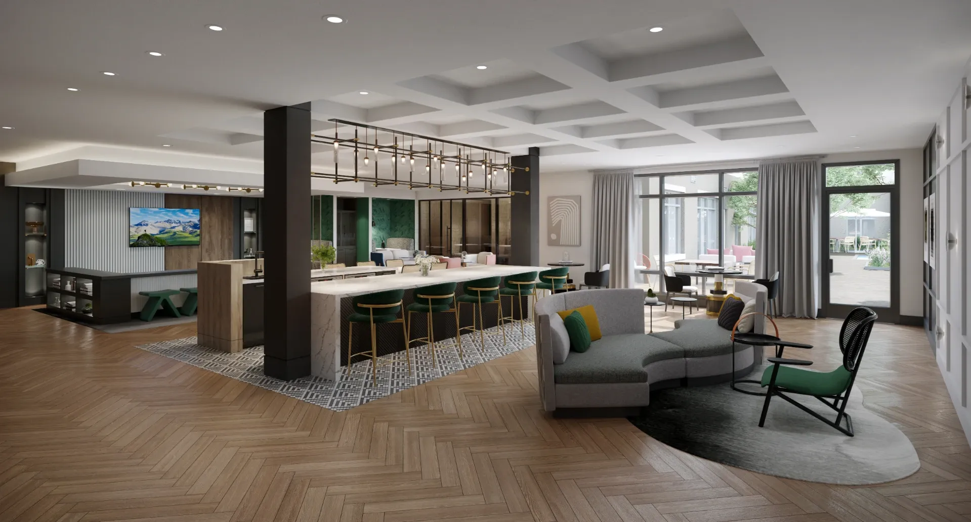 Rendering of the private catering kitchen, dining area and yoga room