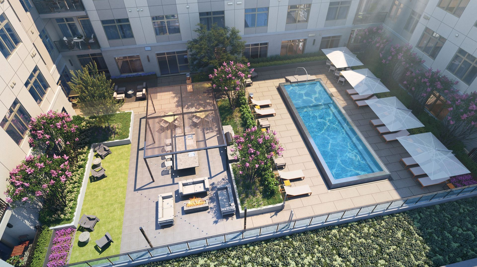 Rendering of the pool with lounge chairs in the active courtyard