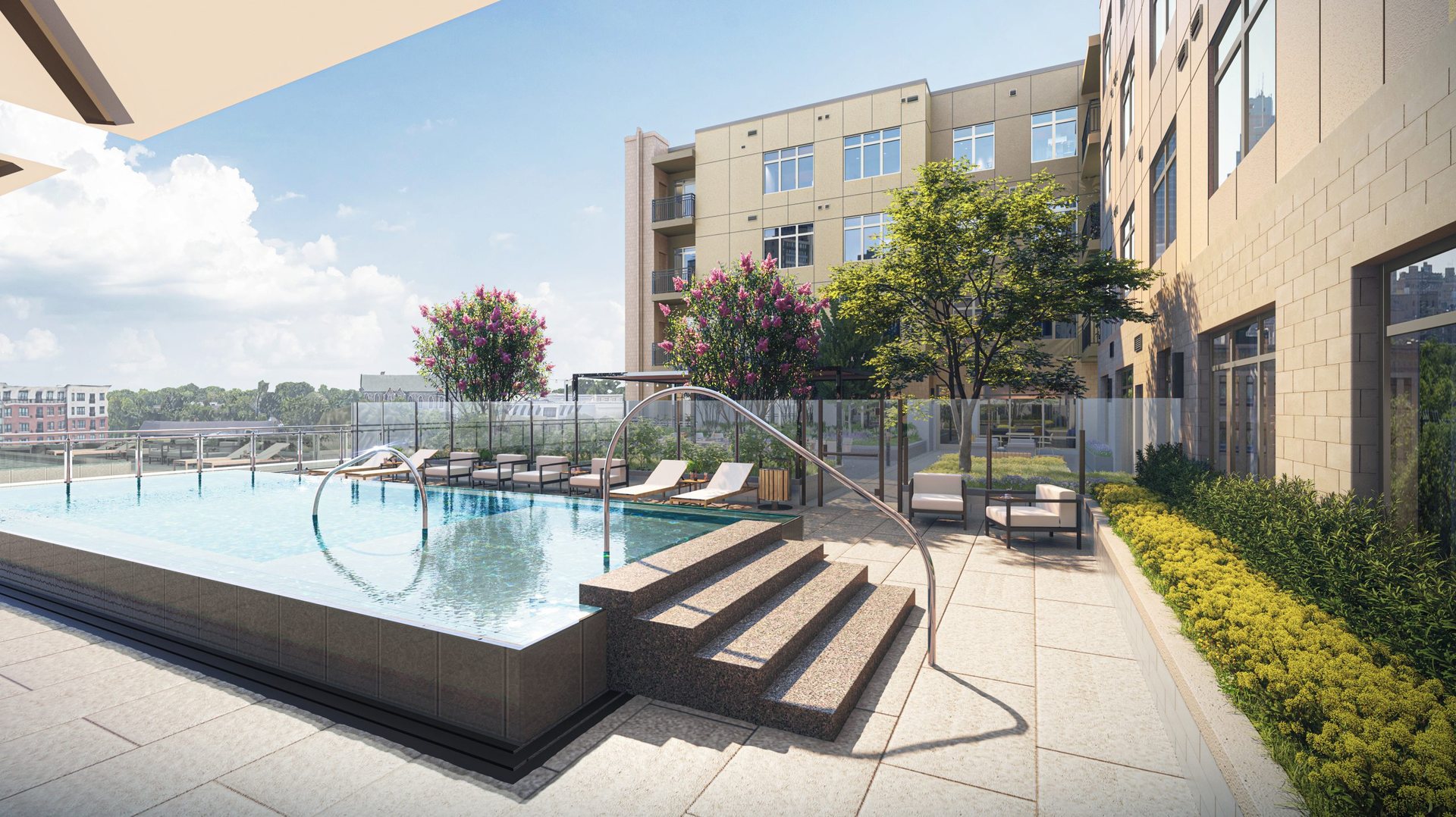 Rendering of the pool with lounge chairs in the active courtyard